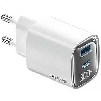 USB- ja USB-C 30W GaN-pikalaturi usams CC229 valkoinen — LED-näyttö, kompakti muotoilu