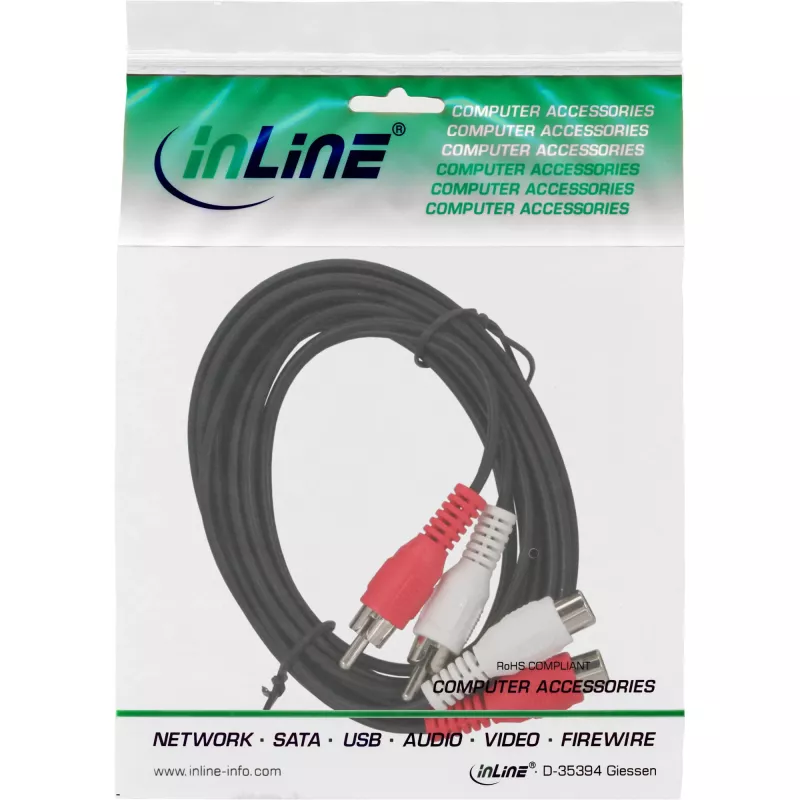 InLine audiokaapeli 2x RCA uros / naaras 20 m, 2 x RCA, uros, 2 x RCA, naaras, 20 m, musta