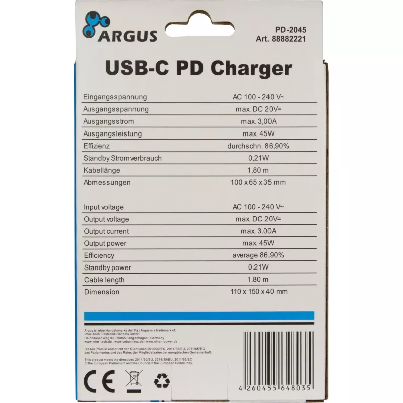 Laturi Inter-Tech PD-2045 Universal musta AC sisäkäyttöön 20V USB-C