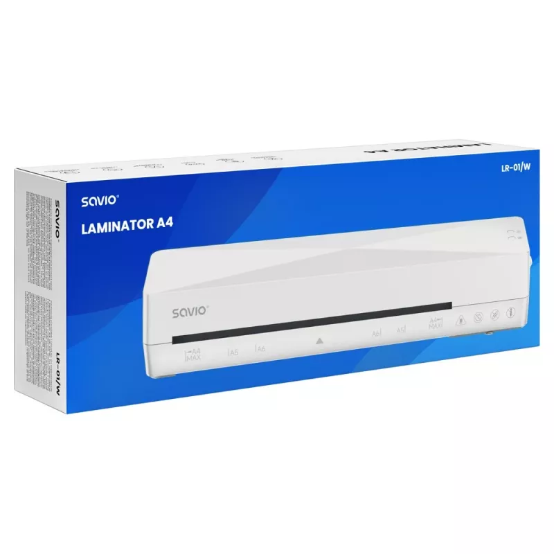 Kylmä-/kuumalaminointilaite SAVIO LR-01/W — enimmäisleveys 230 mm, 320 mm/min, 300 W, valkoinen