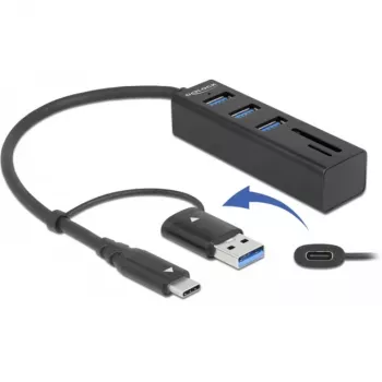 3 porttia USB 3.2 Gen 1 -keskitin + SD- ja microSD-kortinlukija USB Type-C- tai USB Type-A-liitännällä, USB-keskitin