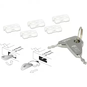 USB-porttitulkkasarja USB-A-liitäntään, pistokelukko valkoinen/hopea, 5x USB-porttitulkkia, 2x avain