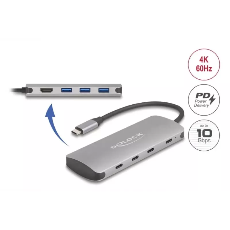 USB-C-keskitin DELOCK 64323 — USB 3.2 Gen 2 Type-C-isäntä, HDMI + 2× USB-A + 2× USB-C, 10 Gbit/s, harmaa