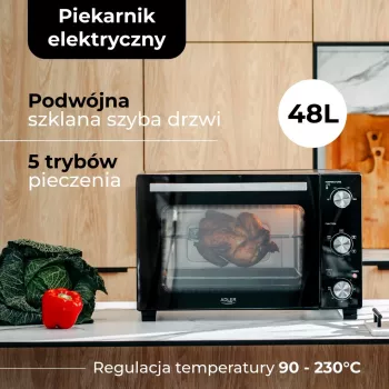 Sähköinen kompakti pöytäuuni Adler AD 6026 – 48 l tilavuus, 1800 W, vapaasti seisova, mekaaninen ajastin