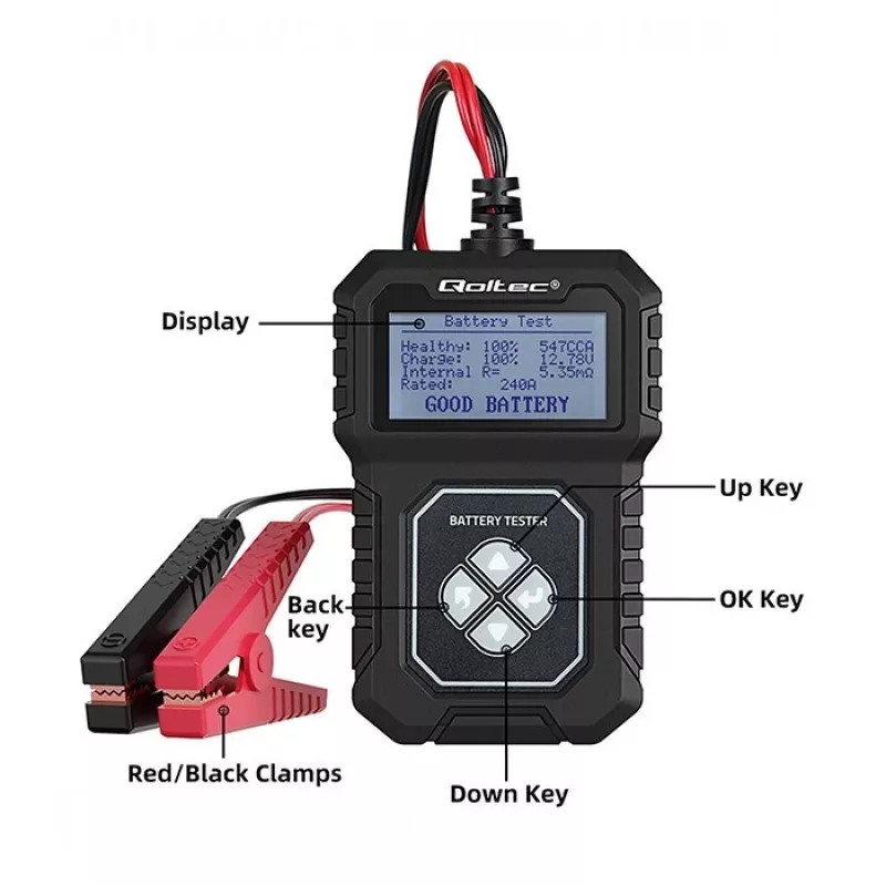 Qoltec digitaalinen akkutesteri LCD-näytöllä | puolankielinen valikko | 12V | AGM | GEL | STD | 30-220AH