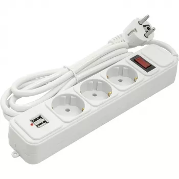 Kotitalouksien jatkojohto 1,8 m, 3 pistorasiaa + 2 USB, kytkimellä