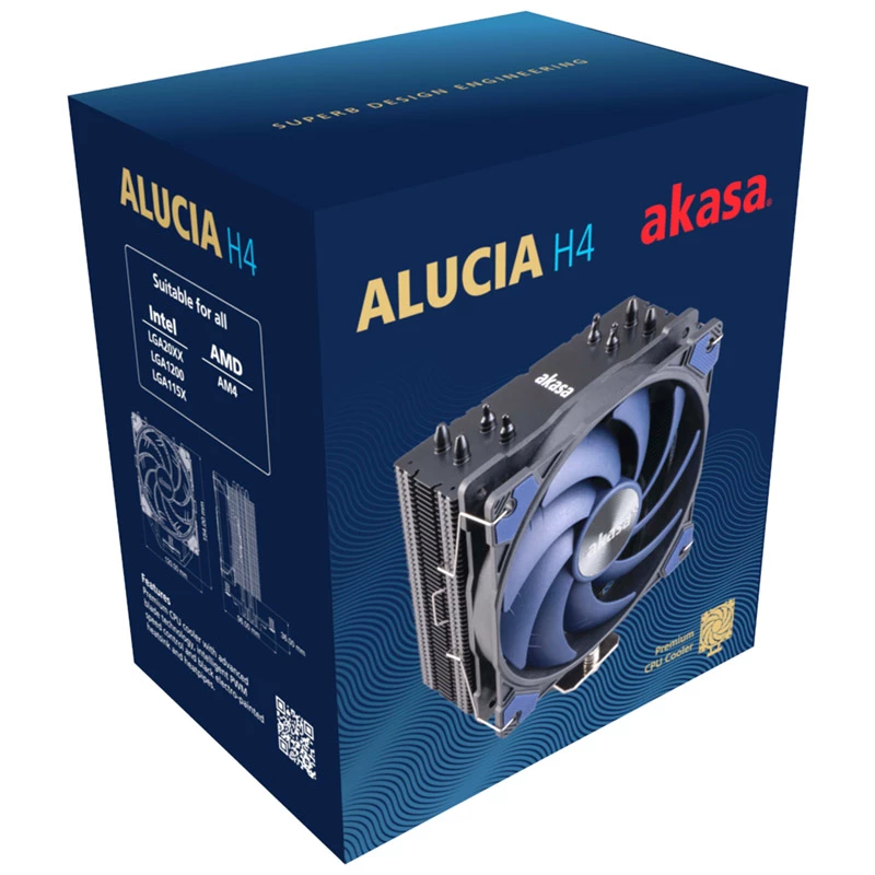 Akasa Alucia H4 ilmajäähdytin 12 cm musta sininen hydrodynaaminen liukulaakeri