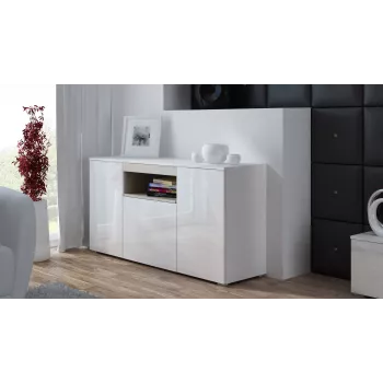 Sideboard Cama Meble VIVA 150 — valkoinen/valkoinen korkeakiilto ja Sonoma-tammi, 3 ovea, 5 hyllyä, 1500×450×800 mm