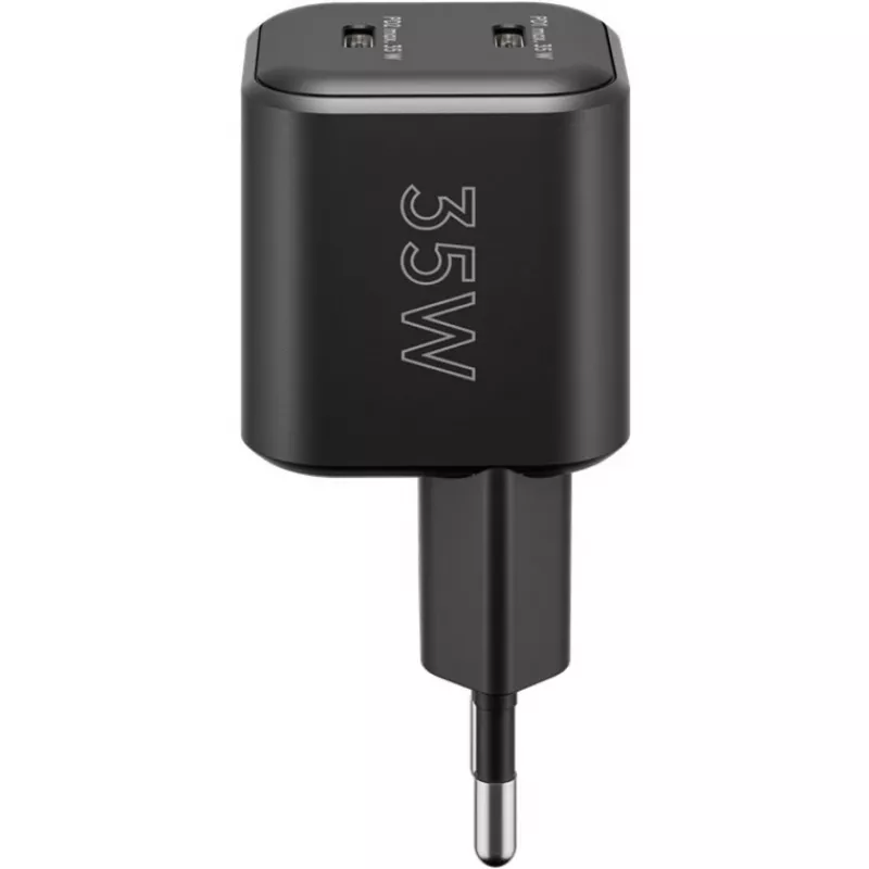 Seinäkiinnitteinen laturi GOOBAY 75333 — yleislaturi AC-USB-C sisäkäyttöön, 2x USB-C, 35 W, musta