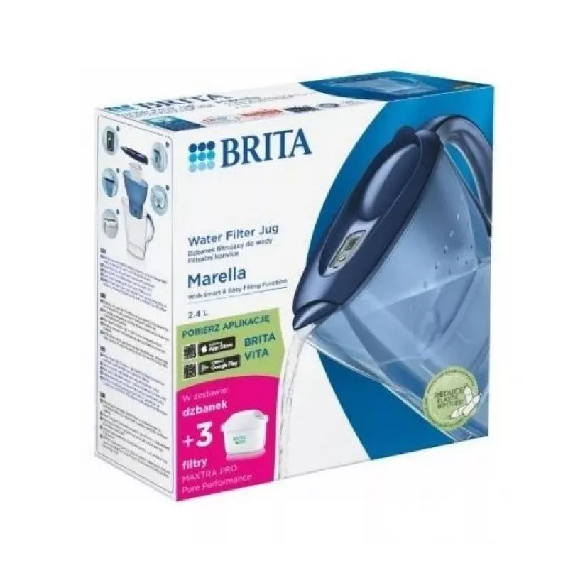 Vesifiltterikannu BRITA Marella 2,4 l 3 Pure Performance -patruunalla, Maxtra Pro, sininen
