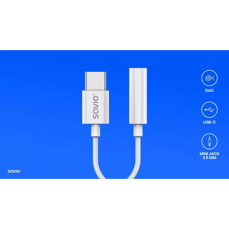 USB Type 3.1 C (M) – 3,5 mm Jack (F) audioadapteri valkoinen SAVIO AK-51