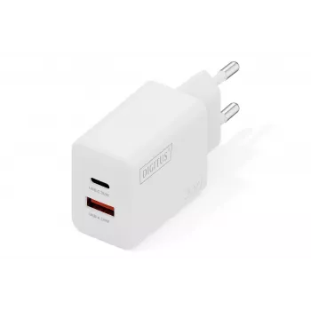 AC sisäkäyttöön USB GaN -laturi DIGITUS DA-10301 — 30W, 1× USB-C, 1× USB-A, 100–240V, valkoinen