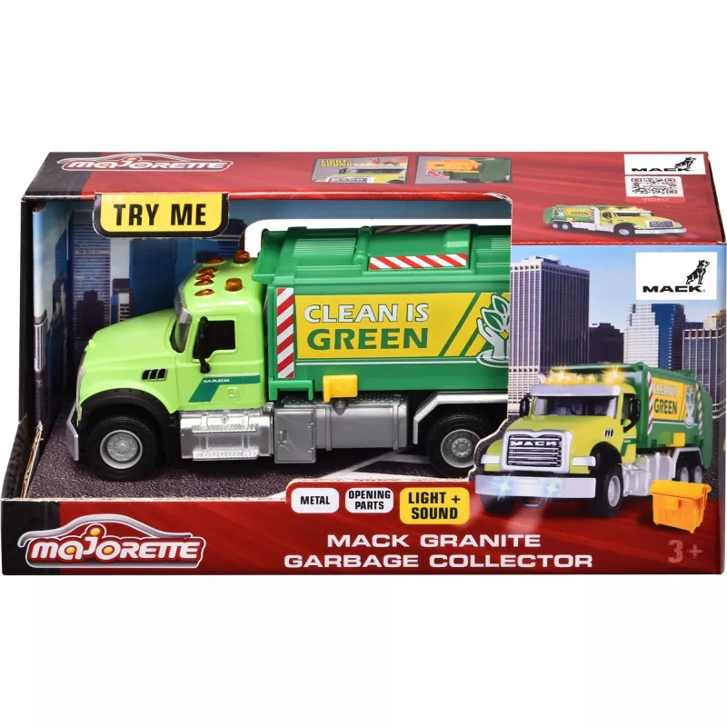Leikkiauto Majorette Mack Granite jäteauto malli 213743007, painevalettu pienoismalli