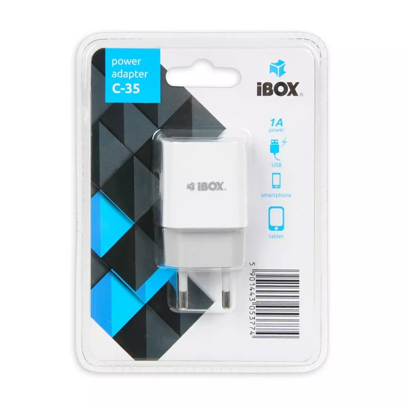 AC-sisälaturi IBOX C-35 universaali valkoinen — 5 V max, 0,3 A tulo, 1 A USB-lähtö