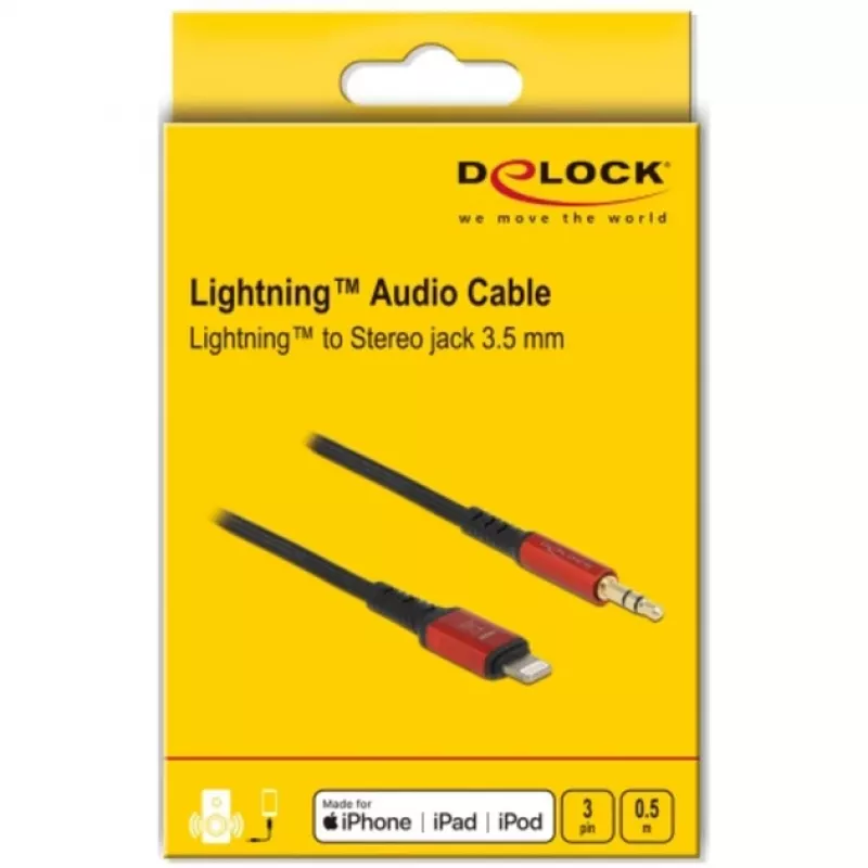 Delock - kaapeli Lightning kuulokeliitäntään - Lightning uros mini-phone stereo 3,5 mm uros - 50cm - musta, punainen (86586)