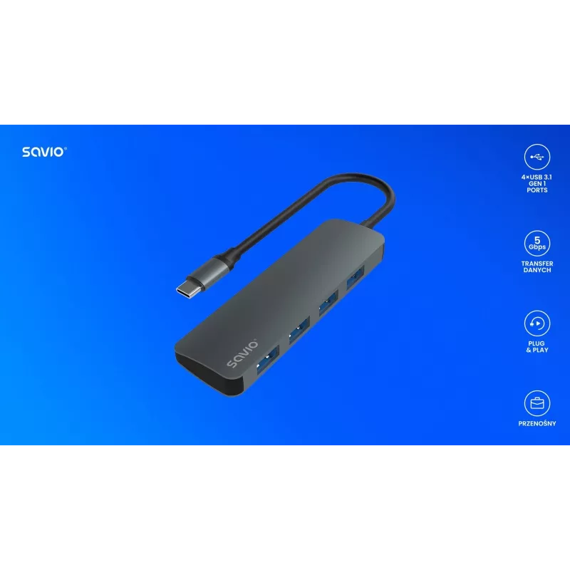USB-keskitin SAVIO AK-54 — 4 x USB-A (USB 3.2 Gen 1), USB-C-isäntä, musta