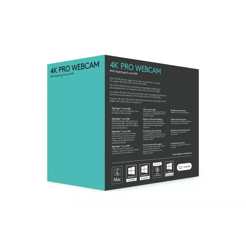 Logitech BRIO 4K Ultra HD Pro web-kamera 960-001106, 4096x2160, HDR, RightLight 3, 5-kertainen digitaalinen zoom, automaattitarkennus, USB 3.0 (USB-C), musta