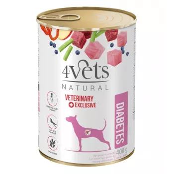 Märkäruoka koirille 4vets Natural Diabetes 400 g – diettiruoka diabeettisille aikuisille koirille, kalkkuna, 400 g, proteiini 5,5 %, rasva 3,3 %