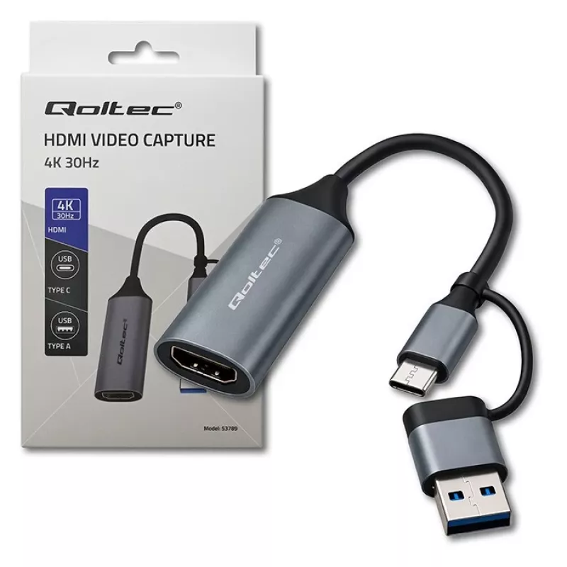 USB-C - USB-A ja HDMI 4K 30Hz -adapteri QOLTEC alumiinista