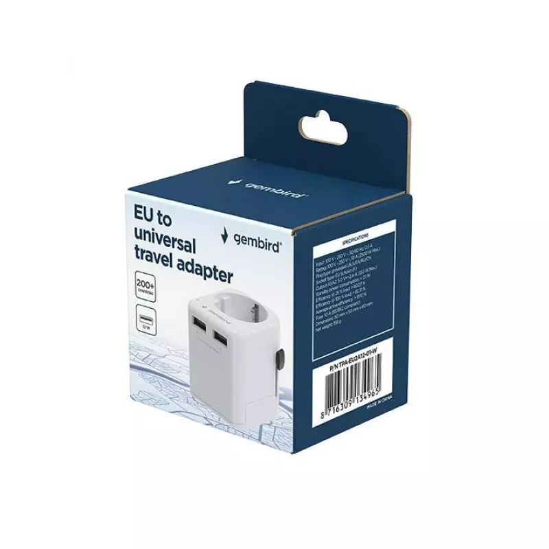 Yleismatka-adapteri GEMBIRD TPA-EU2A12-01-W 12W USB-virtalähde kansainvälisiin pistorasioihin
