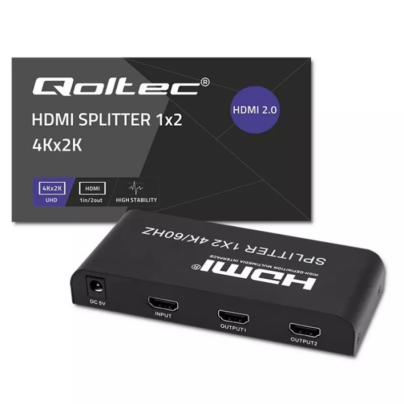 Qoltec 51797 aktiivinen HDMI-jakaja 2 x HDMI 4K x 2K | 6 Gb/s | 60 Hz