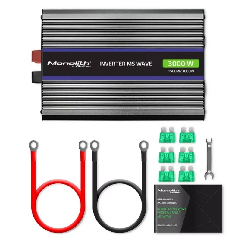 Vaihtosuuntaaja QOLTEC Monolith 3000 MS Wave, 12V→230V, 1500/3000W, USB:lla