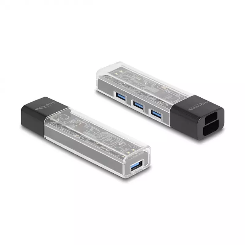 DELOCK USB 3.2 Gen 1 (3.1 Gen 1) 4-porttinen keskitin Type-A + Type-C -isännällä (5000 Mbit/s) musta/läpinäkyvä