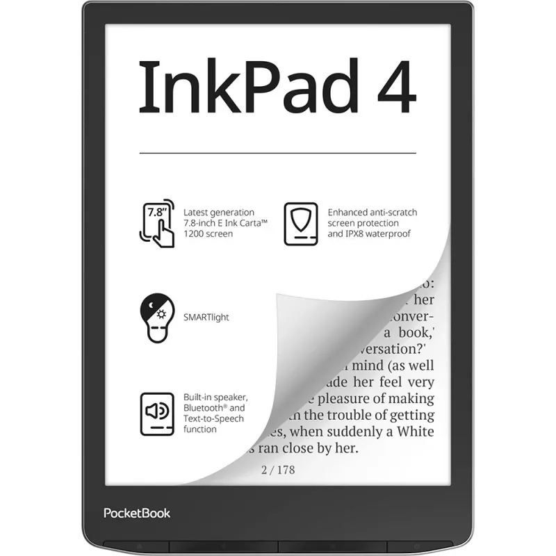 PocketBook InkPad 4 - 19,8 cm (7.8) - E Ink Carta - 1404 x 1872 pikseliä - ACSM - AZW - AZW3 - CBR - CBZ - CHM - DOC - DOCX - DjVu - EPUB - EPUB DRM - FB2 - FB2.ZIP - HTM - HTML - MOB