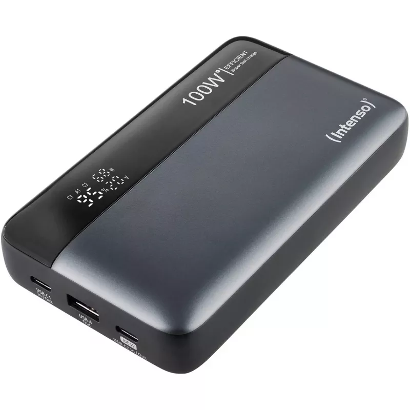 Powerbank INTENSO 7350050 — 20000 mAh, 1× USB-A + 2× USB-C, 100 W kokonaislähtöteho, musta/harmaa