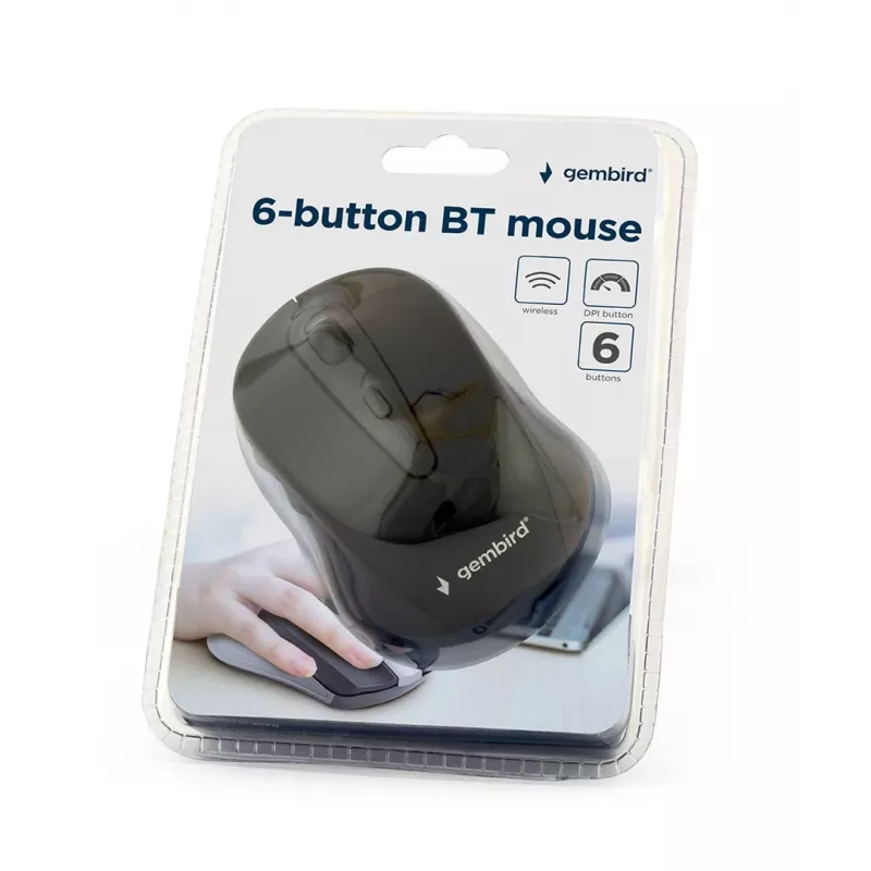Langaton optinen Bluetooth-hiiri GEMBIRD MUSWB2 — oikeakätisille, 1600 DPI, 6 painiketta, musta/harmaa, AAA-paristot