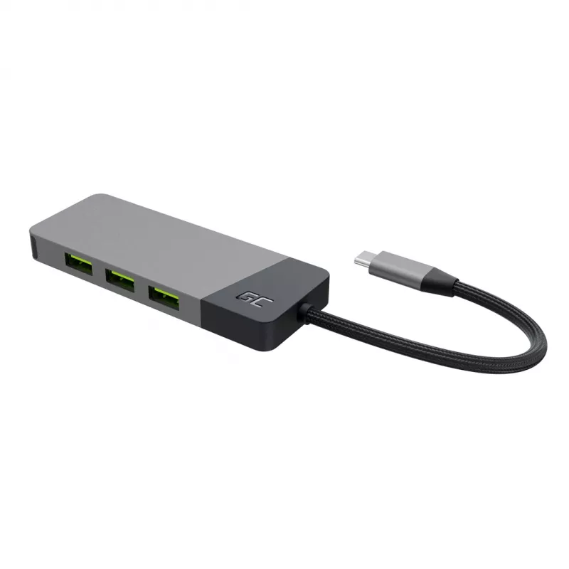 USB Type-C -keskitin Green Cell HUBGC01 — 7 liitäntää: 3×USB‑A 3.2 Gen 1, 1×USB‑C 3.2 Gen 1, HDMI, microSD+SD-kortinlukija — hopea