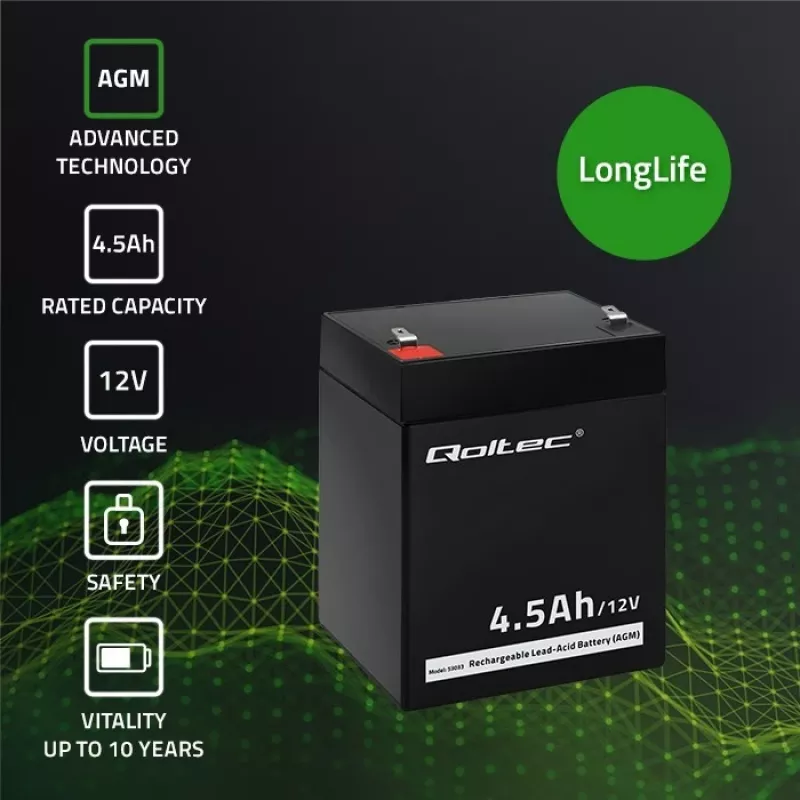 Qoltec 53033 AGM-akku 12 V 4,5 Ah, maks. 1,35 A, huoltovapaa