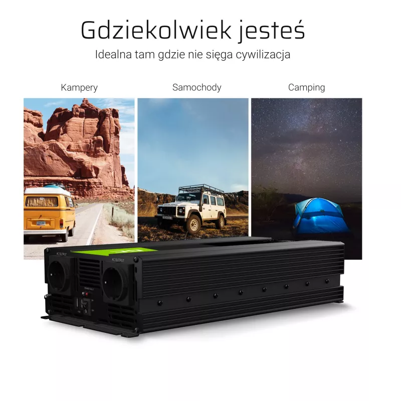 Vaihtosuuntaaja Green Cell INV10 2000 W, 12 V DC - 230 V AC, Type-C-lähtö, 50 Hz, musta