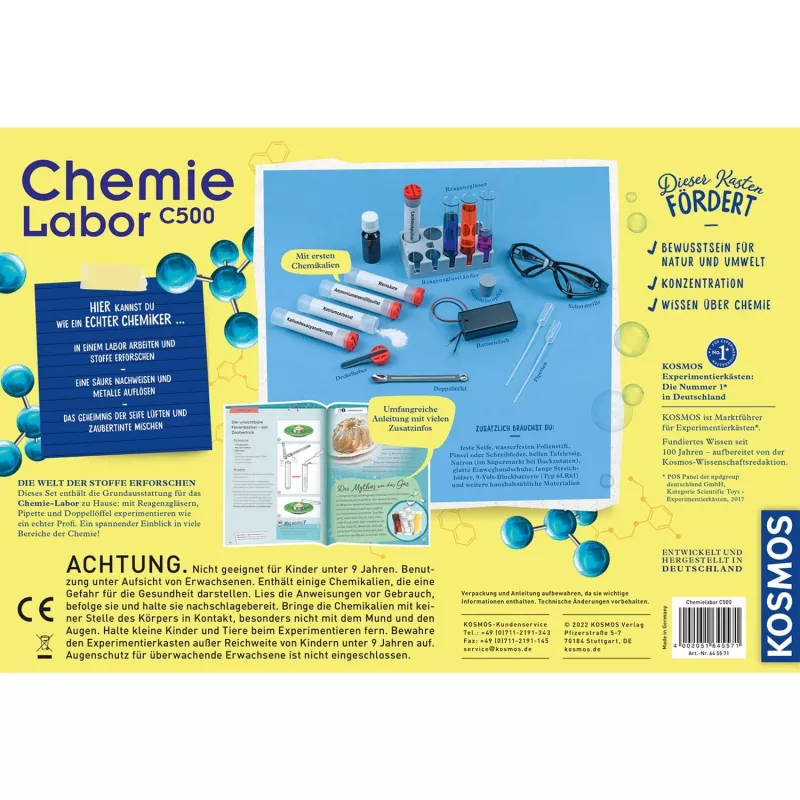 Kosmos Chemie labor C 500, kokeilupakkaus, kemia, 9 vuotta, monivärinen
