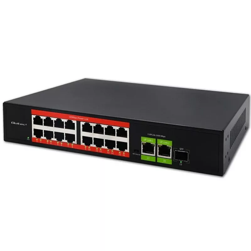 Ethernet PoE -kytkin QOLTEC 16x RJ45, 2x RJ45 uplink, 1x SFP (MPN 52291)