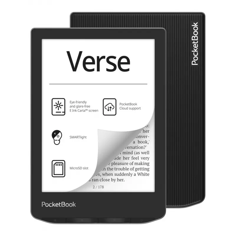 E-kirjan lukulaite PocketBook Verse 6 tuuman E Ink Carta, 8 GB, Wi‑Fi, musta/hopea