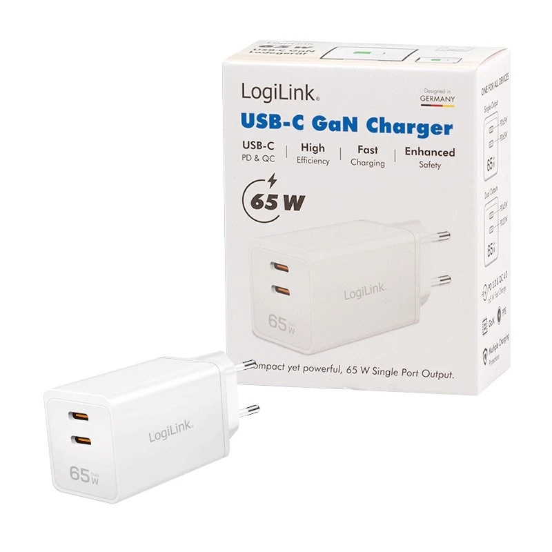 Kaksois-USB-pistorasiasovitin 65W, 2xUSB-C, valkoinen