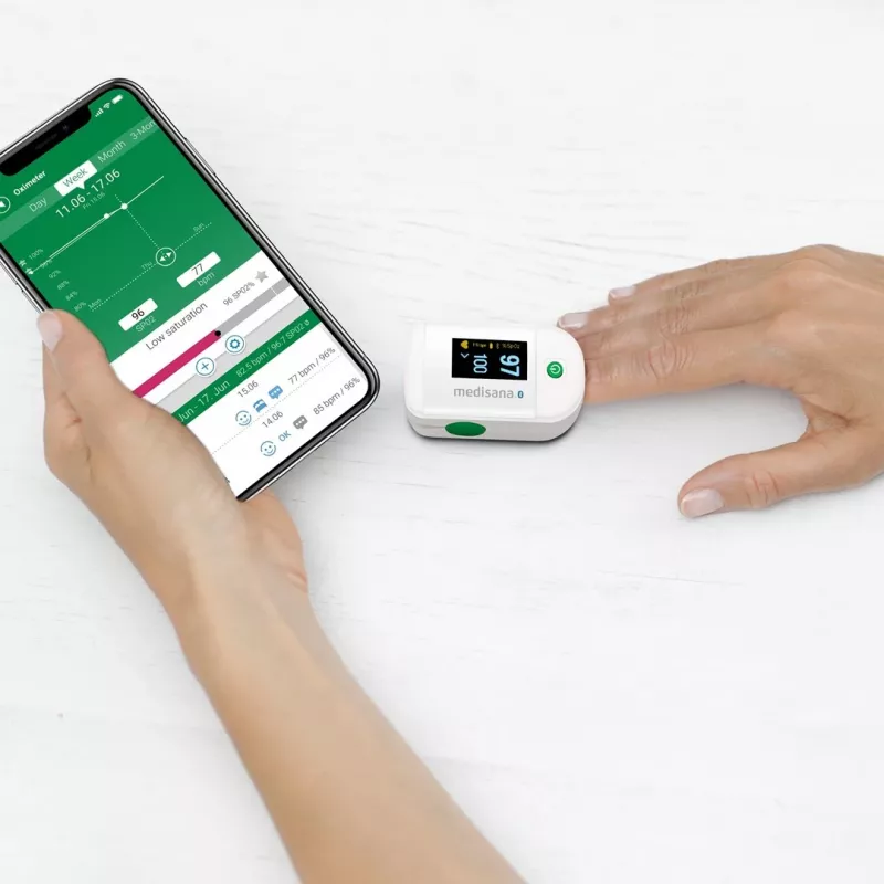 Medisana PM 100 Connect -pulssioksimetri, harmaa/valkoinen