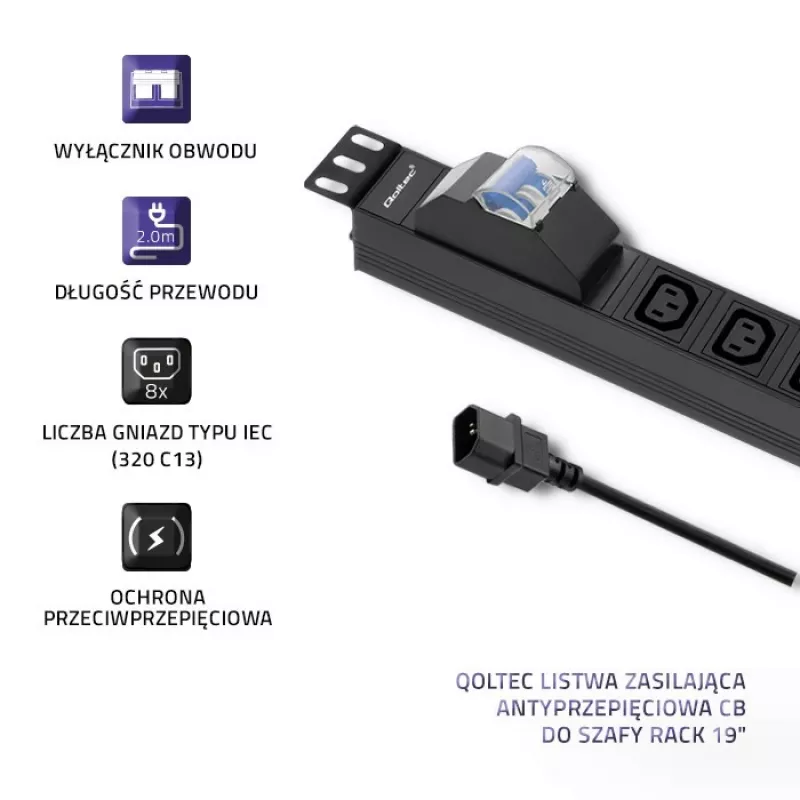 Qoltec 53999 19 tuuman räkkivirtakisko PDU, 1U, 8x IEC C13, 10 A, suojakytkimellä, 2 m