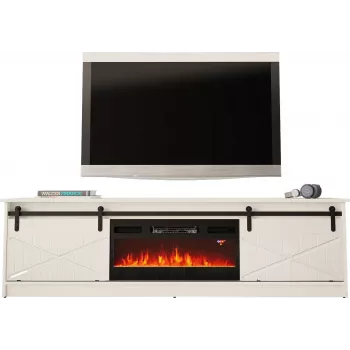 TV-kaappi sähkötakalla Cama Meble GRANERO malli RTV GRANERO + KOM B/B, 200 x 56,7 x 35 cm, valkoinen/korkeakiiltävä valkoinen, 2 ovea, 2 hyllyä, MDF/lastulevy