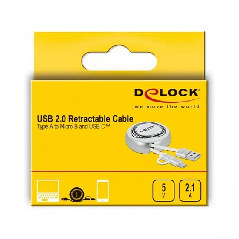 Rullattava kaapeli DeLOCK USB 2.0 2 in 1 Type-A Micro-B ja USB-C™