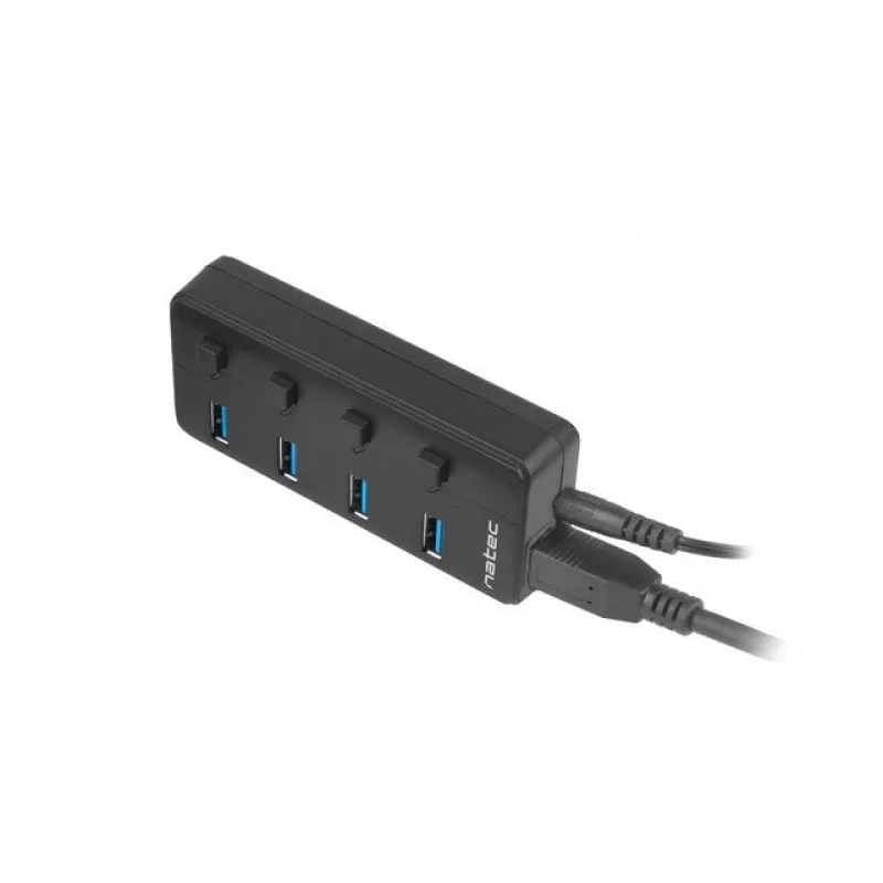 Natec Mantis 2 NHU-1557 4-porttinen USB 3.0 -hubi, USB Type-B -tulo, virtakytkimet, verkkolaite, musta