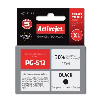 Activejet AC-512R muste (Canon PG-512 -yhteensopiva; Premium; 18 ml; musta)
