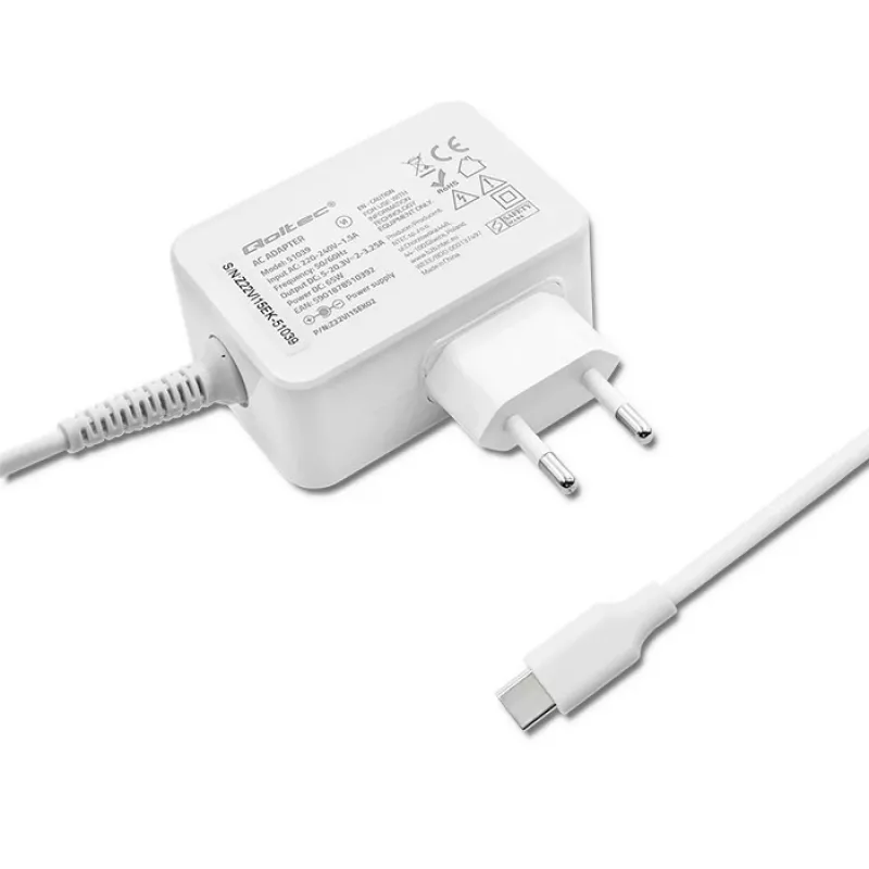 Qoltec 51039 65 W USB-C PD -virtalähde, 5–20,3 V, 2–3,25 A, sisäänrakennettu USB-C-kaapeli, valkoinen