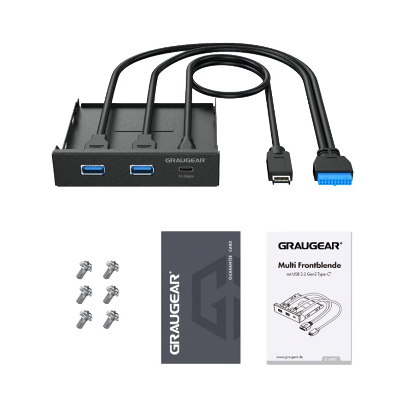 Graugear G-MP01 etupaneeli 3-porttisella USB-hubilla, 1x USB-C 3.2 Gen2 + 2x USB-A 3.0, musta