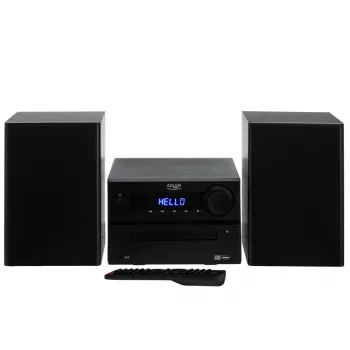 Adler AD 1917 mini Hi-Fi -stereojärjestelmä — Bluetooth V5.3, CD/USB/MP3, 2×25 W RMS, UKW-viritin, 4-kaistainen taajuuskorjain, AUX, musta