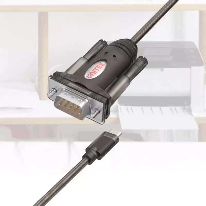 Unitek Y-1105K USB-C–RS-232-sovitin, 1,5 m, musta