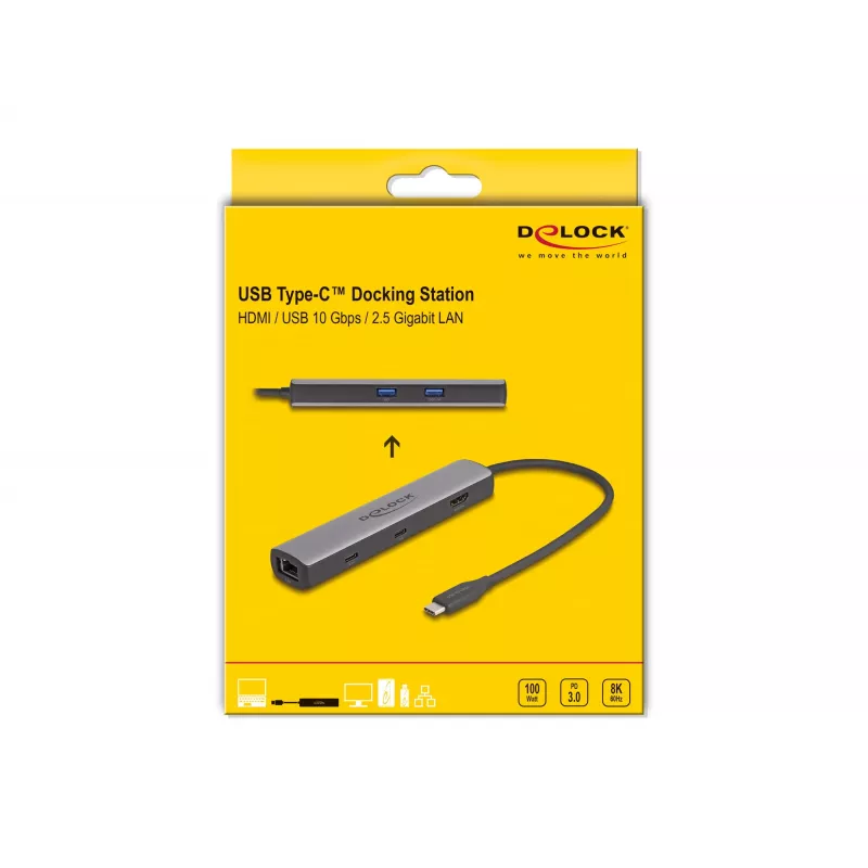 DeLOCK USB Type-C -telakointiasema 8K HDMI USB 10 Gbps 2,5 Gigabit LAN PD 100W