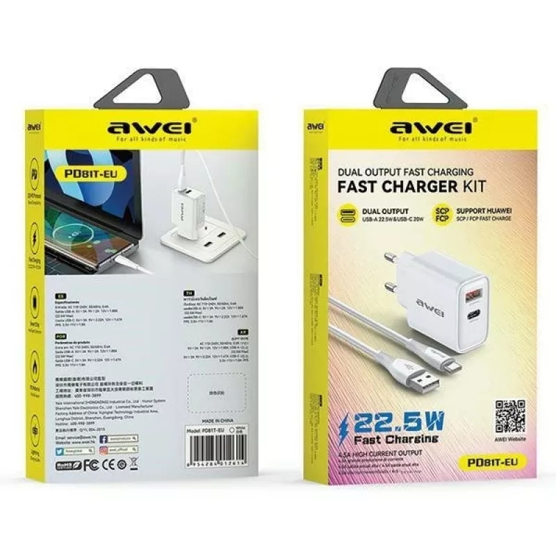 Awei verkkolaite PD81T-EU 22,5W USB-kaapelilla ja USB-C:llä, valkoinen, GaN