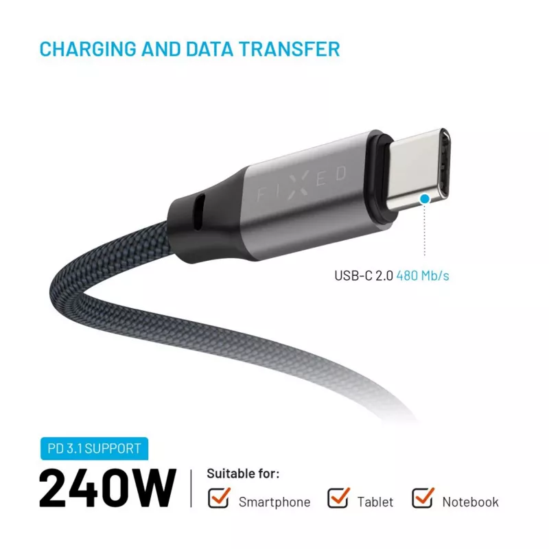 USB-C - USB-C -magneettinen punottu kaapeli FIXED FIXDBM-CC12-GR, USB 2.0, 1,2 m, harmaa